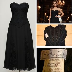 ​🖤 VICKY TIEL Couture Paris Black Lace Corset Midi Dress.